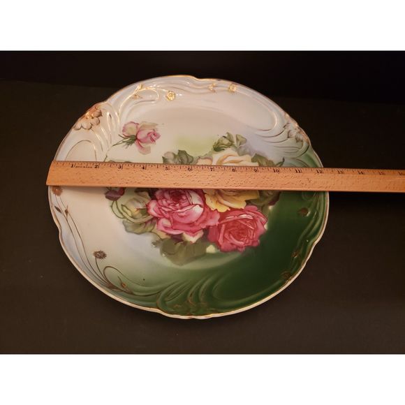 Bavaria Round Platter Porcelain Plate Pink Yellow Roses Green Gold Vintage - Picture 8 of 10